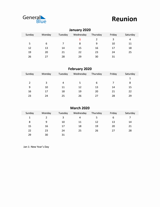 Printable Quarterly Calendar with Notes and Reunion Holidays- Q1 of 2020