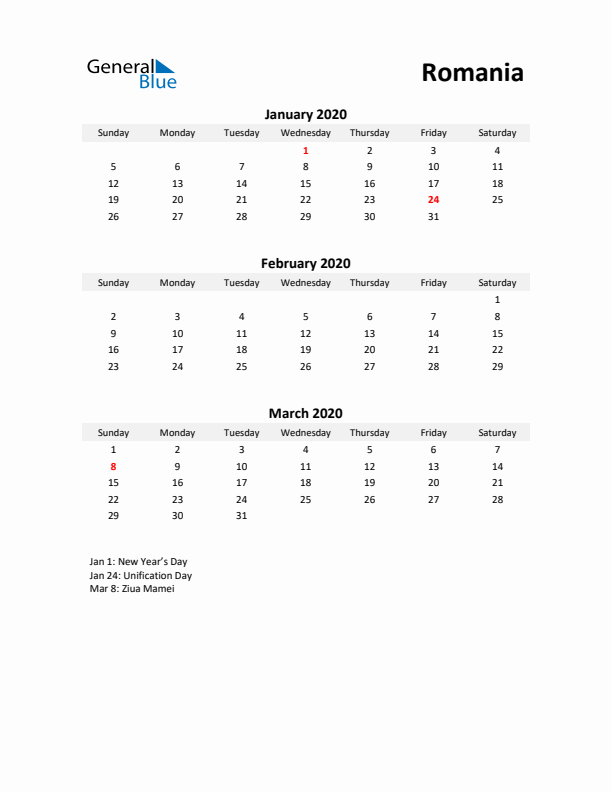 Printable Quarterly Calendar with Notes and Romania Holidays- Q1 of 2020