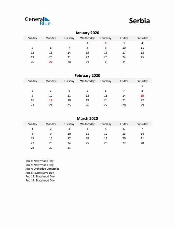 Printable Quarterly Calendar with Notes and Serbia Holidays- Q1 of 2020