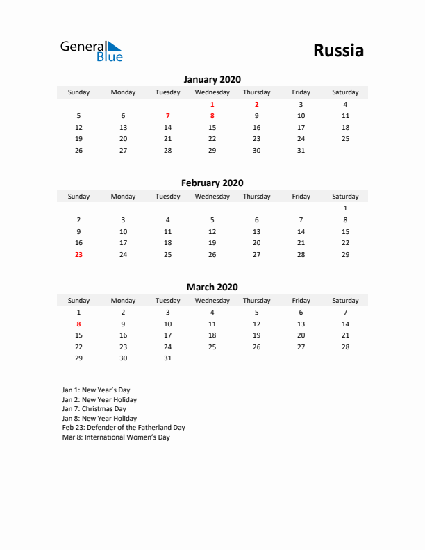 Printable Quarterly Calendar with Notes and Russia Holidays- Q1 of 2020