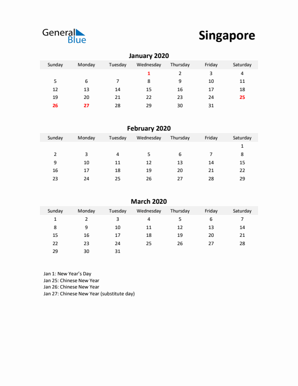 Printable Quarterly Calendar with Notes and Singapore Holidays- Q1 of 2020