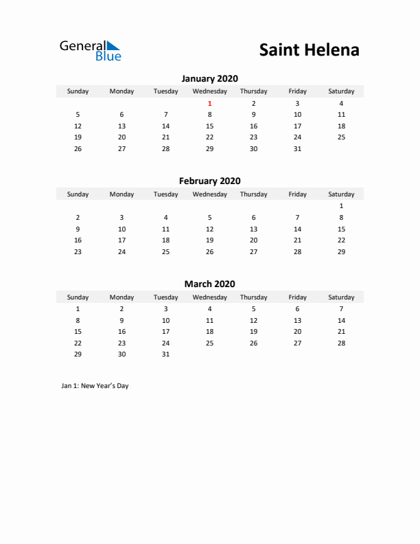 Printable Quarterly Calendar with Notes and Saint Helena Holidays- Q1 of 2020