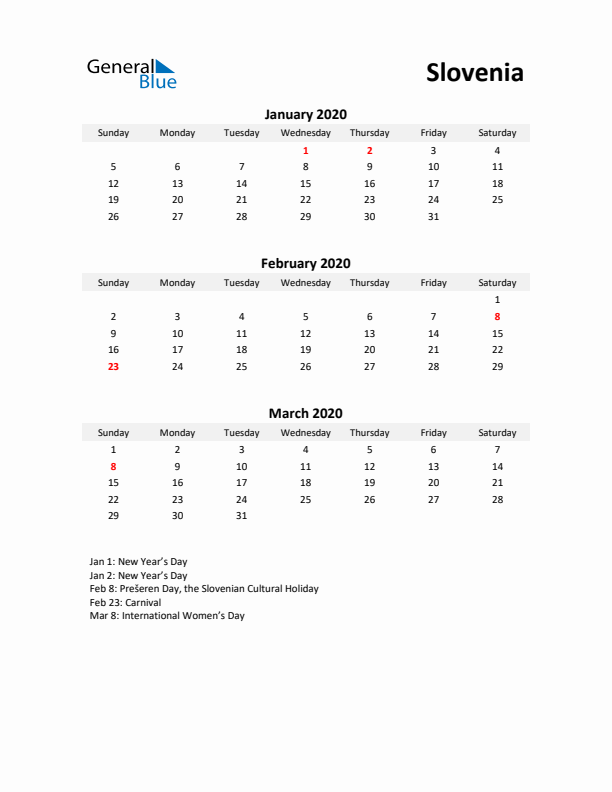 Printable Quarterly Calendar with Notes and Slovenia Holidays- Q1 of 2020