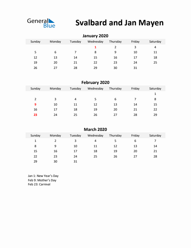 Printable Quarterly Calendar with Notes and Svalbard and Jan Mayen Holidays- Q1 of 2020