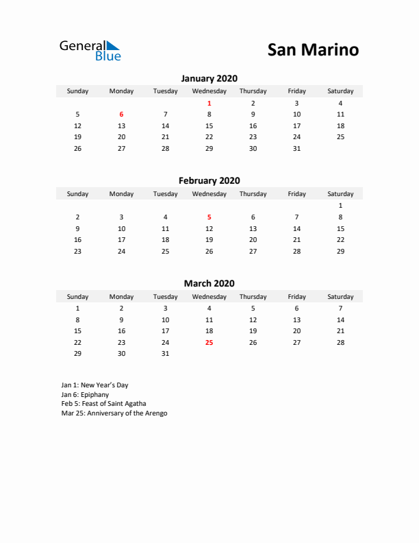 Printable Quarterly Calendar with Notes and San Marino Holidays- Q1 of 2020