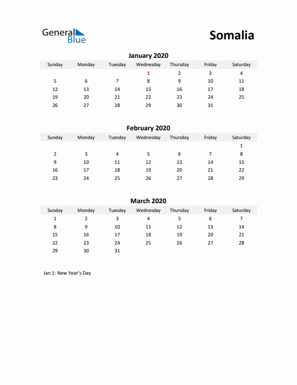 Printable Quarterly Calendar with Notes and Somalia Holidays- Q1 of 2020