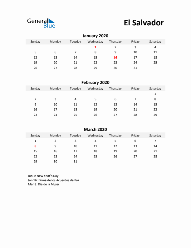 Printable Quarterly Calendar with Notes and El Salvador Holidays- Q1 of 2020