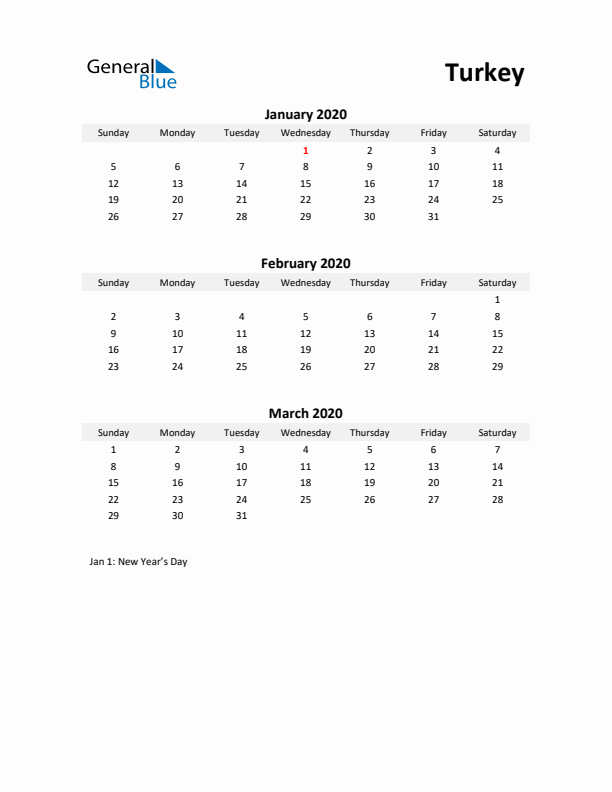 Printable Quarterly Calendar with Notes and Turkey Holidays- Q1 of 2020