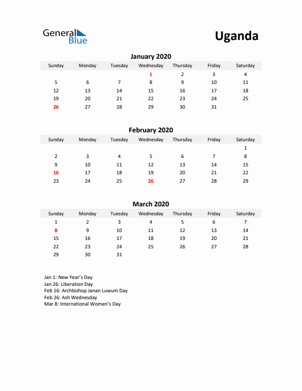 Printable Quarterly Calendar with Notes and Uganda Holidays- Q1 of 2020