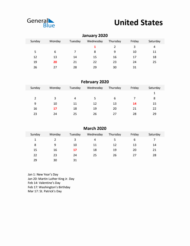 Printable Quarterly Calendar with Notes and United States Holidays- Q1 of 2020