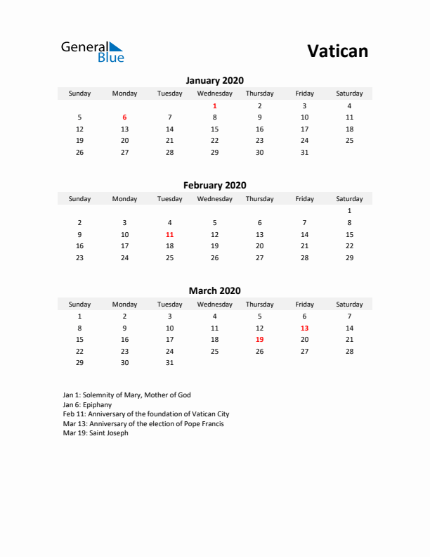 Printable Quarterly Calendar with Notes and Vatican Holidays- Q1 of 2020