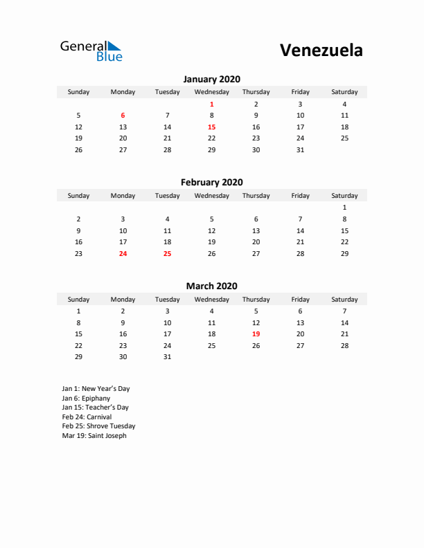 Printable Quarterly Calendar with Notes and Venezuela Holidays- Q1 of 2020