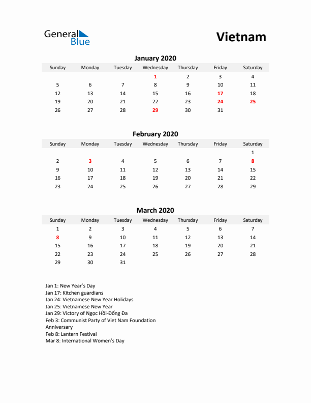 Printable Quarterly Calendar with Notes and Vietnam Holidays- Q1 of 2020