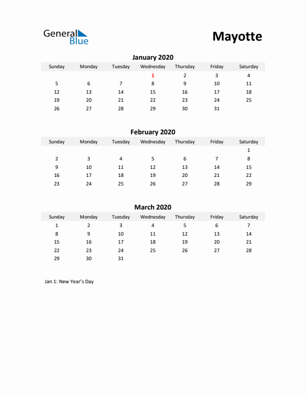 Printable Quarterly Calendar with Notes and Mayotte Holidays- Q1 of 2020