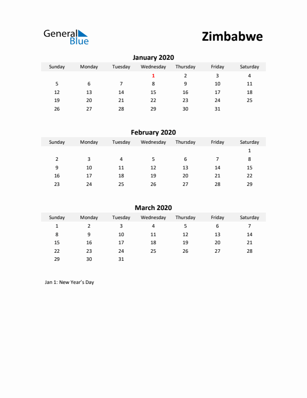 Printable Quarterly Calendar with Notes and Zimbabwe Holidays- Q1 of 2020