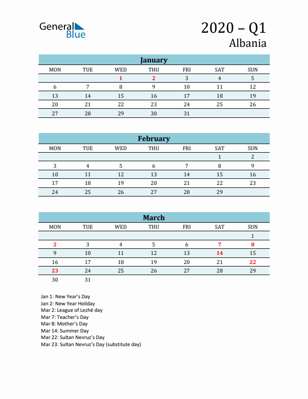 Three-Month Planner for Q1 2020 with Holidays - Albania