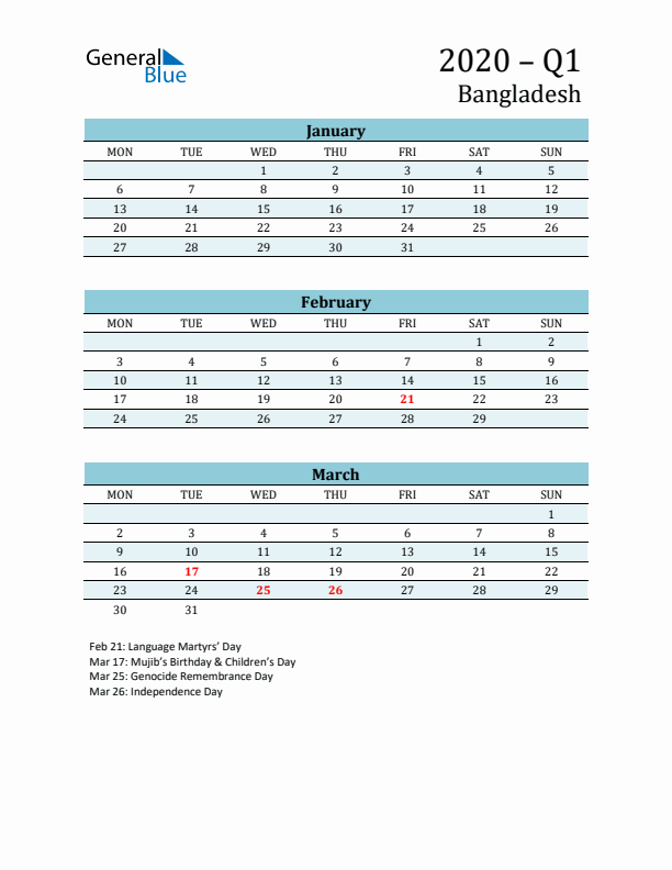 Three-Month Planner for Q1 2020 with Holidays - Bangladesh