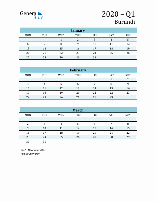 Three-Month Planner for Q1 2020 with Holidays - Burundi