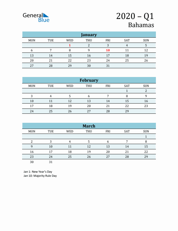 Three-Month Planner for Q1 2020 with Holidays - Bahamas