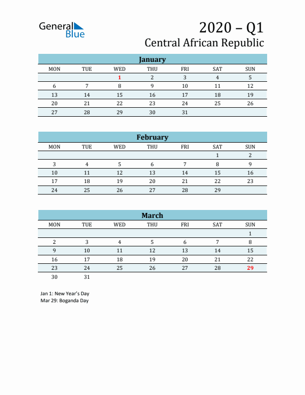 Three-Month Planner for Q1 2020 with Holidays - Central African Republic