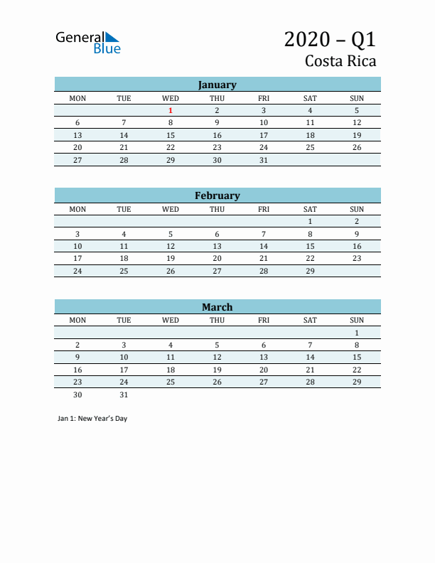 Three-Month Planner for Q1 2020 with Holidays - Costa Rica