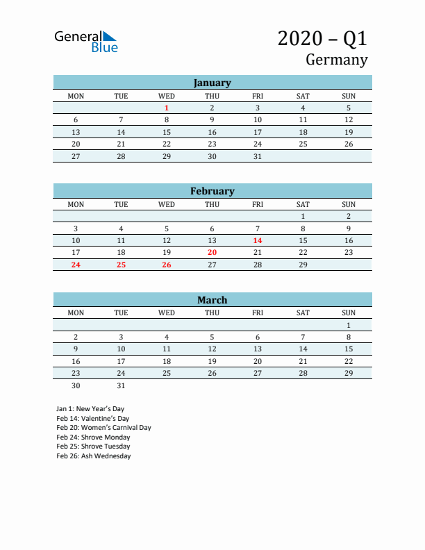 Three-Month Planner for Q1 2020 with Holidays - Germany