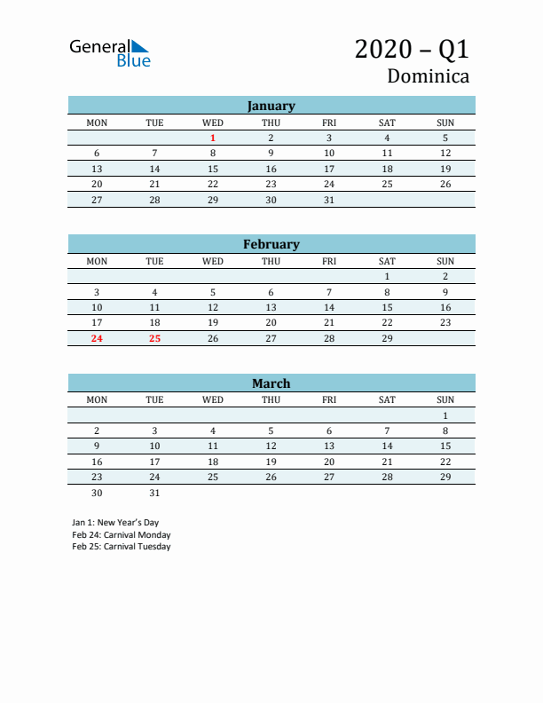 Three-Month Planner for Q1 2020 with Holidays - Dominica