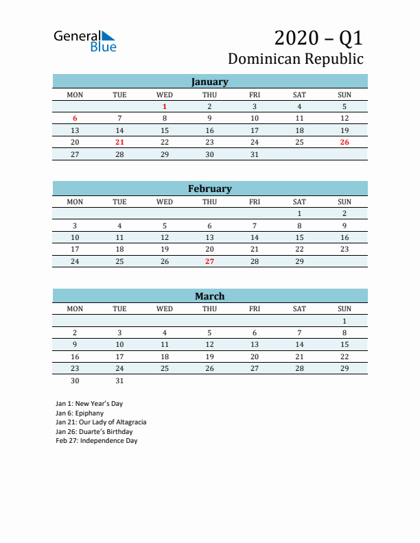 Three-Month Planner for Q1 2020 with Holidays - Dominican Republic