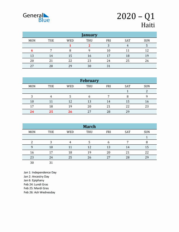 Three-Month Planner for Q1 2020 with Holidays - Haiti