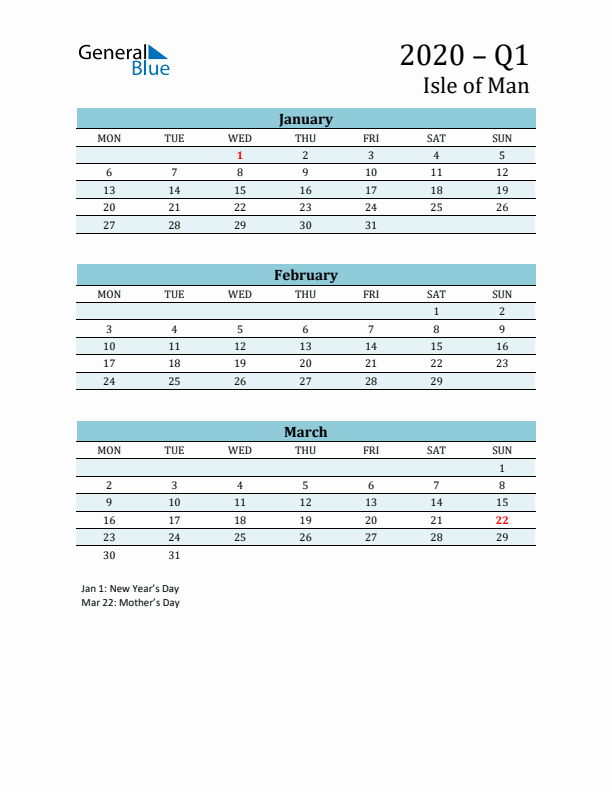 Three-Month Planner for Q1 2020 with Holidays - Isle of Man