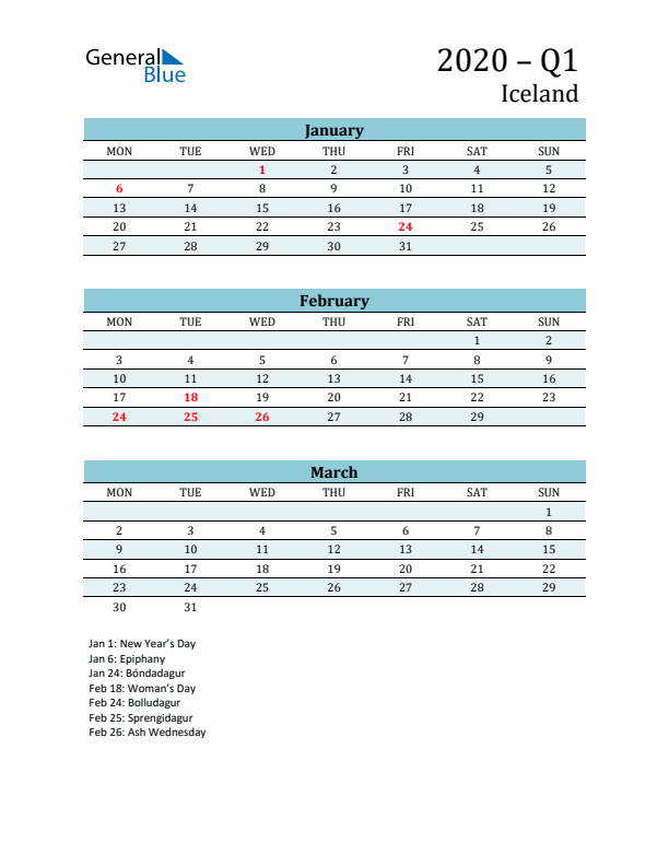 Three-Month Planner for Q1 2020 with Holidays - Iceland