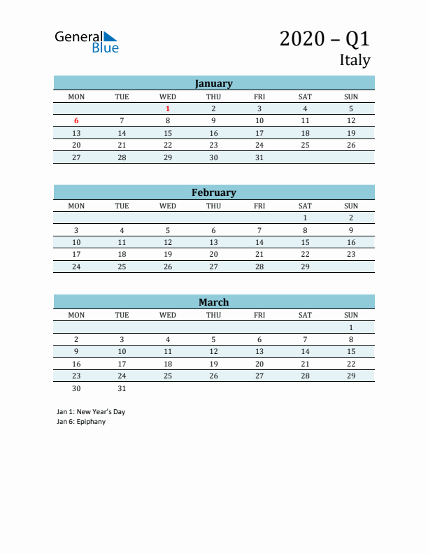 Three-Month Planner for Q1 2020 with Holidays - Italy