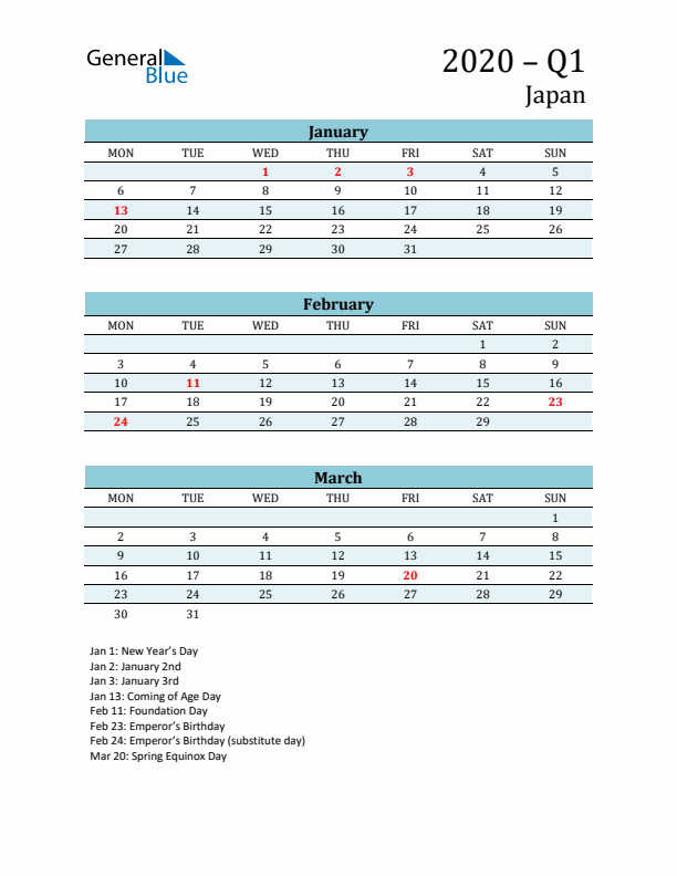 Three-Month Planner for Q1 2020 with Holidays - Japan