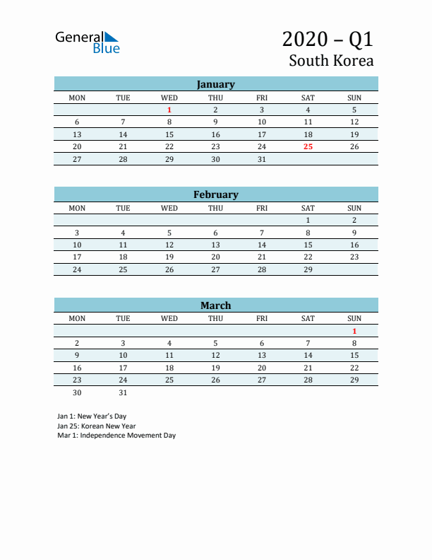 Three-Month Planner for Q1 2020 with Holidays - South Korea