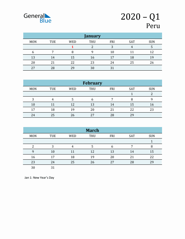 Three-Month Planner for Q1 2020 with Holidays - Peru