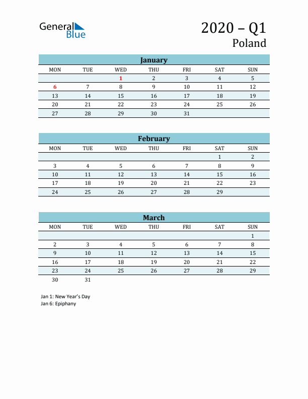 Three-Month Planner for Q1 2020 with Holidays - Poland