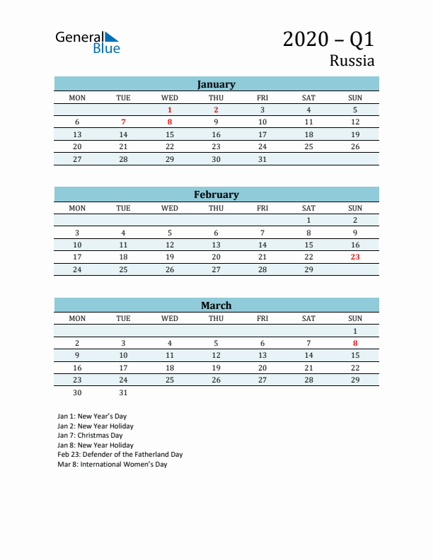 Three-Month Planner for Q1 2020 with Holidays - Russia