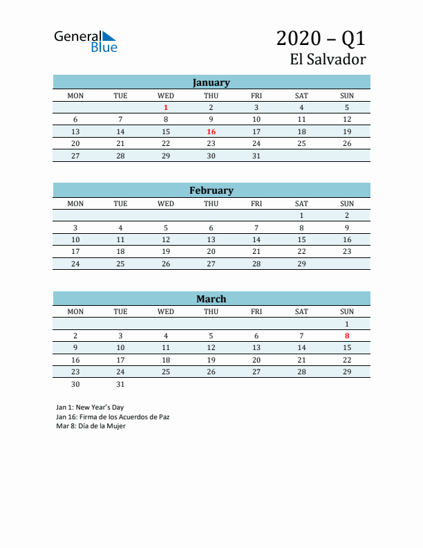 Three-Month Planner for Q1 2020 with Holidays - El Salvador