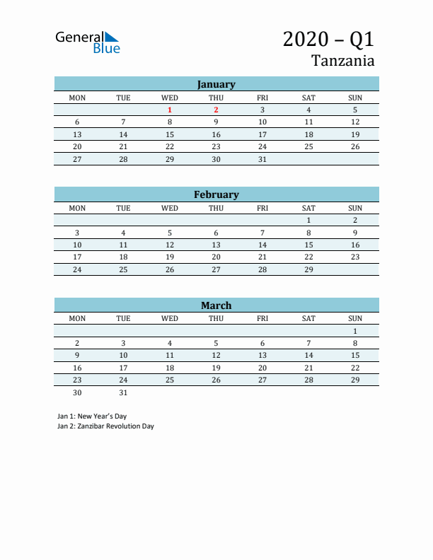 Three-Month Planner for Q1 2020 with Holidays - Tanzania