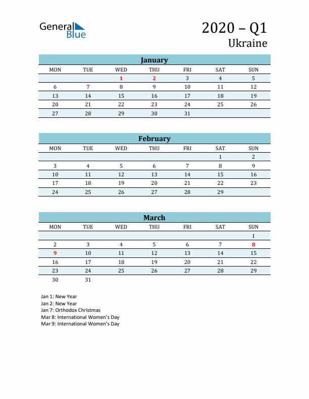 Three-Month Planner for Q1 2020 with Holidays - Ukraine