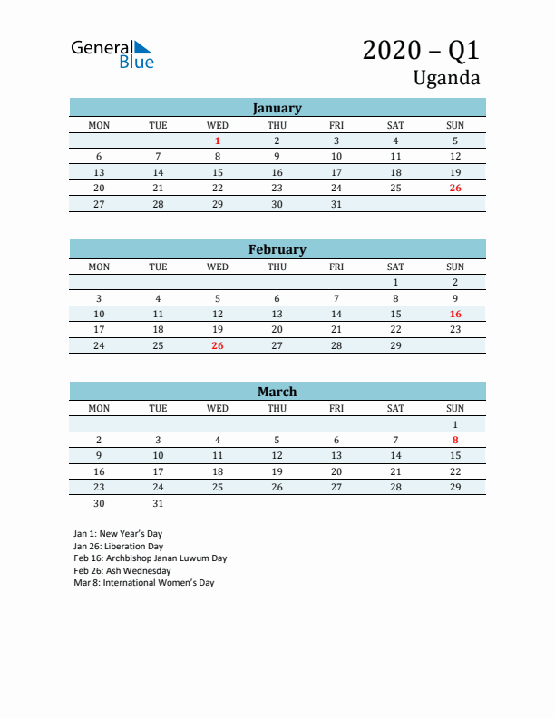 Three-Month Planner for Q1 2020 with Holidays - Uganda