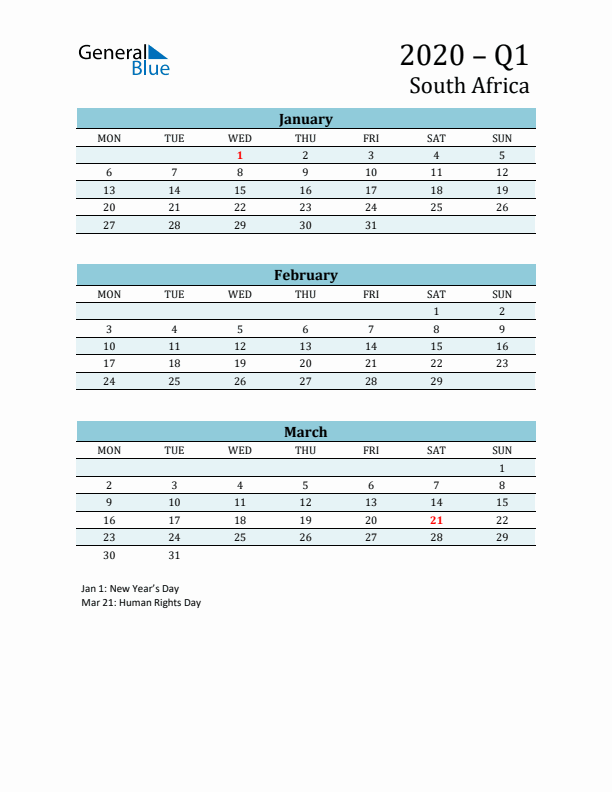 Three-Month Planner for Q1 2020 with Holidays - South Africa