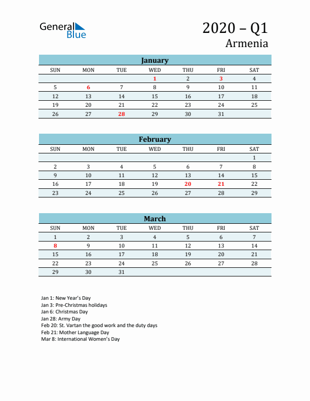 Three-Month Planner for Q1 2020 with Holidays - Armenia