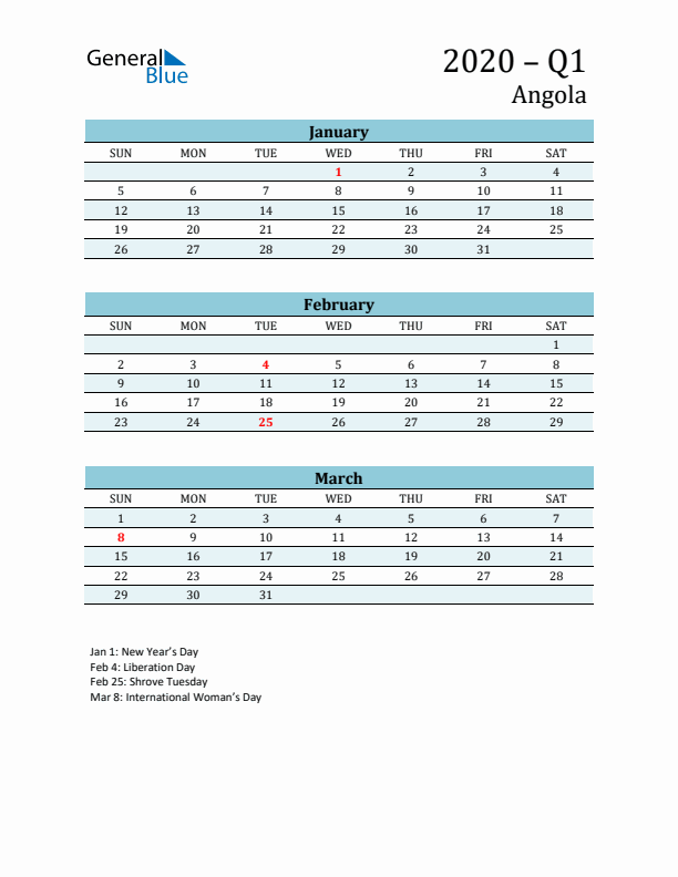 Three-Month Planner for Q1 2020 with Holidays - Angola