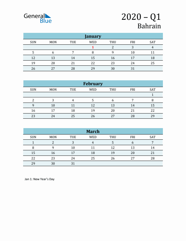 Three-Month Planner for Q1 2020 with Holidays - Bahrain