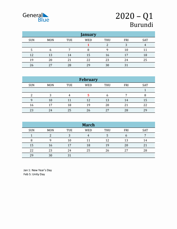 Three-Month Planner for Q1 2020 with Holidays - Burundi