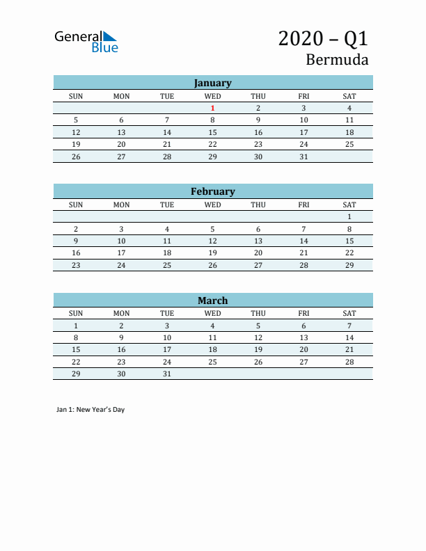 Three-Month Planner for Q1 2020 with Holidays - Bermuda