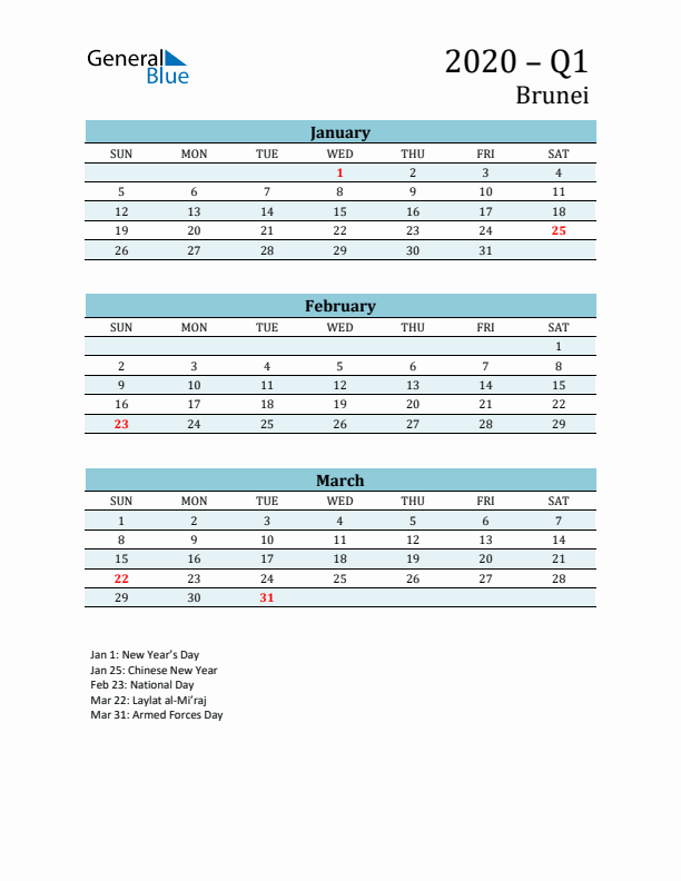 Three-Month Planner for Q1 2020 with Holidays - Brunei