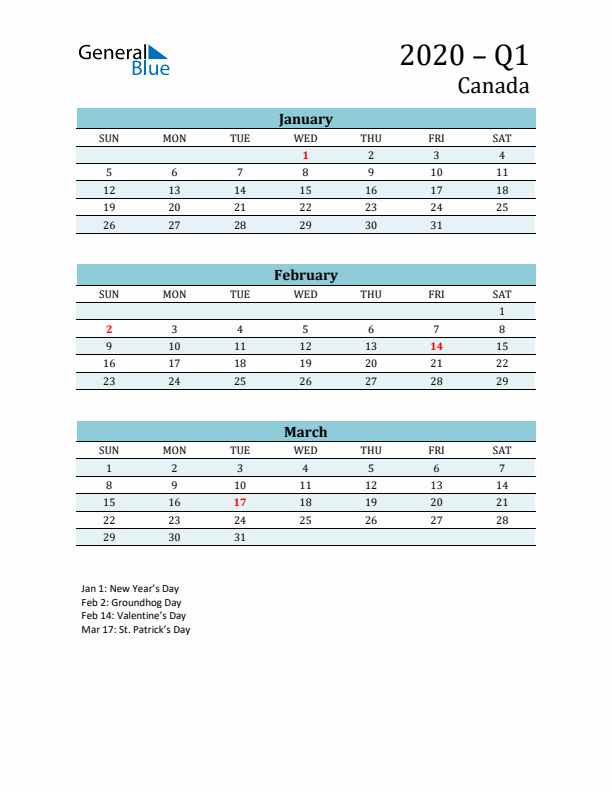 Three-Month Planner for Q1 2020 with Holidays - Canada