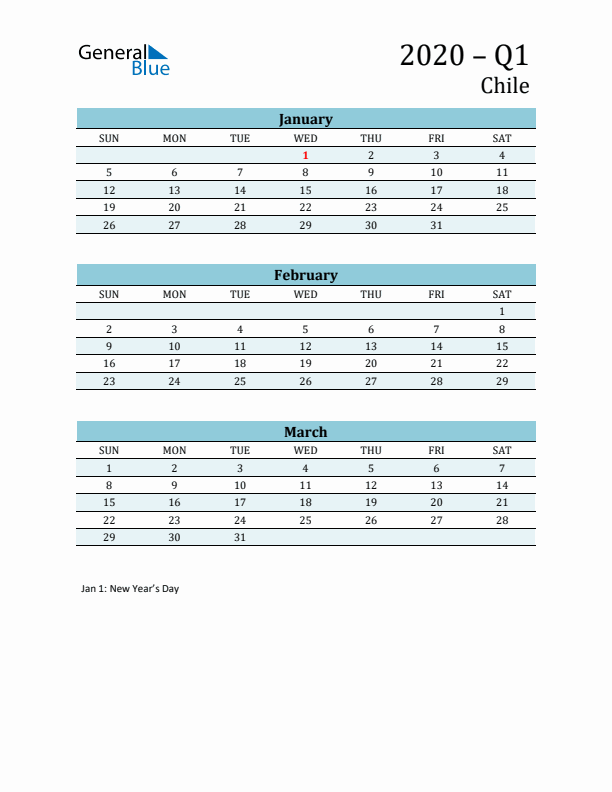 Three-Month Planner for Q1 2020 with Holidays - Chile